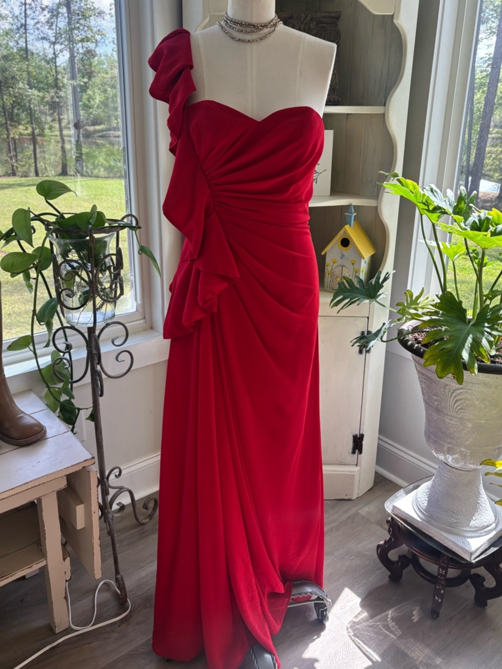 Badgley Mischka Poppy Red Georgette One-Shoulder Ruffled Evening Gown